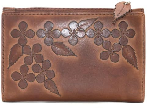 Mala Leather Wild Bloom Classic Floral Tan Leather Compact Purse RFID Protection – Genuine Leather – 5 Card Slots, ID Window, Note & Coin Pockets – 11 x 8.5 x 3 cm (Tan)