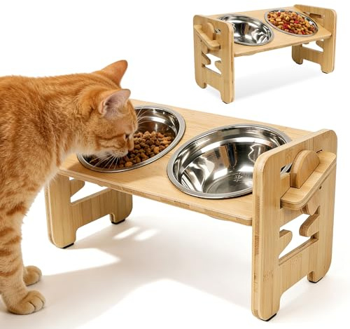 Gamelle Chat Surélevée avec Support en Bois, Double Gamelle pour Chat et Petit Chien, Gamelles Élevée Réglable avec 2 Bols en Acier Inoxydable, Station d’Alimentation Antidérapante