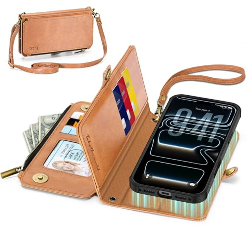 TUCCH Crossbody Removable Wallet Case for iPhone 17 Pro, Textured Brown | 9 Card Slots, RFID Blocking, Wireless Charging, Kickstand, Zipper Pocket, Shockproof TPU, Wrist Strap, Folio Flip Cover