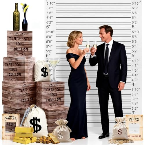 Eaasty 19 Pcs Roaring 20s Photo Booth Props Speakeasy Height Chart Decor | Wood Grain Boxes, Dollar Sacks Gold Bars, Wanted Sign, 1920s Gangster Speakeasy Theme Party Photo Booth Accessories