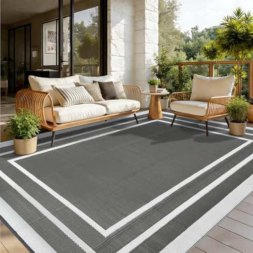 Edlbaegy Tappeto da Esterno Terrazza Grigio 240x305cm Impermeabile Tappeto Giardino in Plastica Reversibile Tappeto Balcone Esterno Lavabile pour Cortile Picnic Campeggio