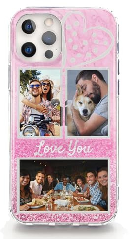 Personalised Phone Case For Apple iPhones, 17, 16, 15, 14, Pro, Max, Mini, Plus 13, 12, 11, X, XS, XR, SE Pink Heart Phone Hard Cover with Three Images and Name