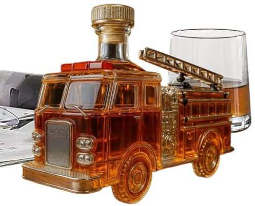 Whisky Bottle - Fire Engine Shaped Design, Clear Glass Decanter, Construction Quality, Easy Pouring Spout & | Alcohol Storage, Gift Idea
