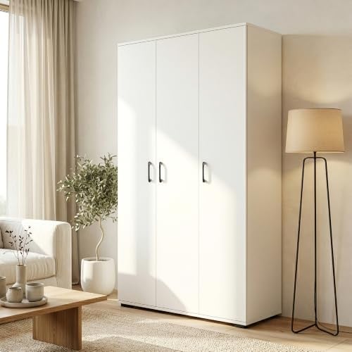 [en.casa] Mehrzweckschrank 90 cm breit Chalvefted Besenschrank 3 Türen Aufbewahrungsschrank Putzschrank Küchenschrank Vorratsschrank Flur Haushaltsschrank 175 x 90 x 35 cm Weiß