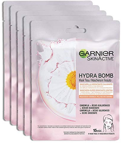 Garnier SkinActive, Maschera in tessuto super-idratante e lenitiva Hydra Bomb, Per pelli secche e sensibili, Camomilla, Confezione da 5