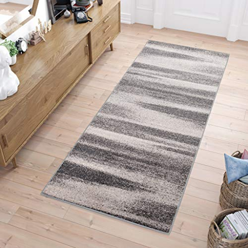 TAPISO Sari Teppich Läufer Flur Grau Taupe Kurzflor Streifen Verwischt Meterware Brücke nach Maß Küche Wohnzimmer Schlafzimmer ÖKOTEX 60 x 300 cm