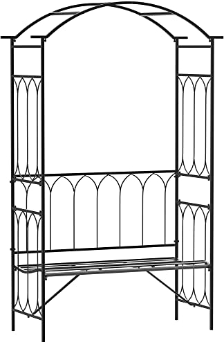 Outsunny Rosenbogen aus Metall Rankhilfe für Kletterpflanzen Gartenbogen mit Bank Spitze Rankbogen Torbogen für Rosen Bögen Rosenhilfe Rankgitter für Garten 115 x 50 x 203 cm Schwarz