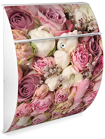 banjado Design Briefkasten - Modell Riviera 46x33,5x13cm groß - verzinkter Stahl weiß - Postkasten Öffnungsstopp großer A4 Einwurf Zylinderschloss 2 Schlüssel - Motiv Strauss Rosen