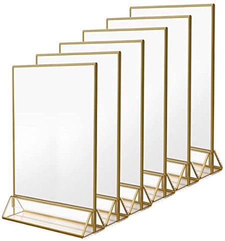 NIUBEE 6Pack 8.5 x 11 Acrylic Sign Holder with Gold Frames and Vertical Stand, Ideal for Display Wedding Table Numbers, Double Sided Picture, Clear Photos, Menu Holders