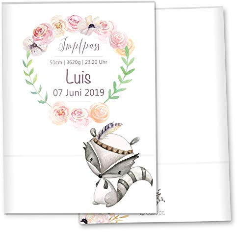Olgs Impfpasshülle Cute Boho Ausweishülle Schutzhülle für Dokumente & Impfpass MIT DER GRÖßE 9,3 x 13CM personalisierbar mit Namen (Waschbär)
