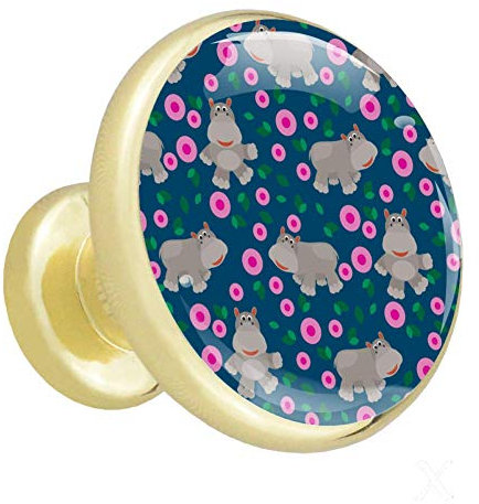 Cartoon graues Nilpferd 4 Stück Gold Knöpfe Mixed Metal Küchenmöbel Schublade Griffe und zieht Metalllegierung Knöpfe mit goldenem Metallboden für Schränke, Garderobe, Türen, Kommode 32mm