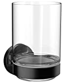 emco Round Zahnbürstenhalter ohne Bohren zur Wandmontage I Zahnputzbecher zum Kleben oder Schrauben aus Glas in scharz, matt und klar, Schwarz