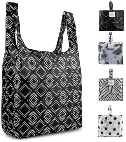 Zulay Kitchen 5 Pack 50 Pound Reusable Grocery Bags - Large Foldable Reusable Bags With Handles and Drawstring Bag - Durable Machine Washable Reusable Shopping Bags Foldable (Black & White Pattern)