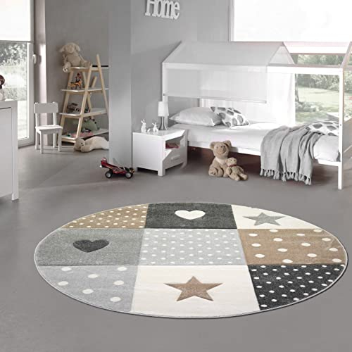 Teppich-Traum Kinderzimmer Teppich Spiel & Baby Teppich Herz Stern Punkte Design in Braun Beige Grau Größe 120 cm rund