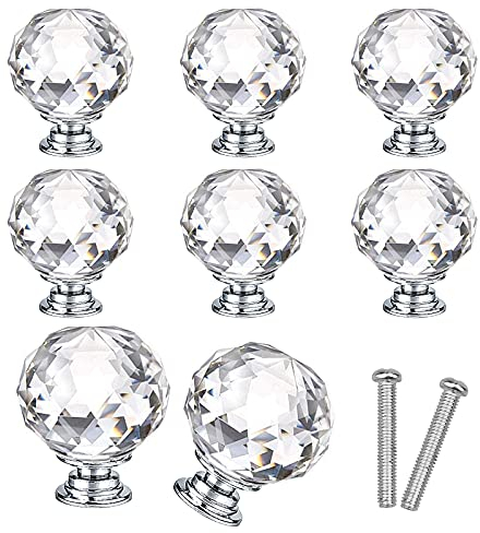 8 Pcs Crystal Glass Door Knobs 40 mm Clear Round Draw Handles Diamond Cupboard Pulls Knobs, Cabinet Small Door Knob with Screws for Furniture Wardrobe Kitchen Decorating