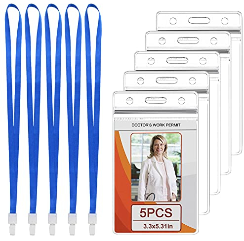 5Pcs Ausweishülle mit Band,Wasserdicht ID kartenhalter,Transparenter Ausweishüllen mit Schlüsselband, ID Kartenhalter Kunststoff Vertikal für Business Ausstellung Karten (Blau)