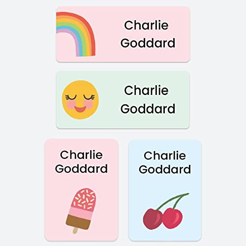 43 x Mixed Pack No Iron Personalised Stick On Waterproof Washable Name Labels Clothes, School Uniform, Equipment, Shoes and More. School, Nursery, Day Care, Hospital - Cute Icons Rainbow Mix