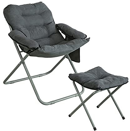 SoBuy OGS55-HG Gartensessel Verstellbarer Gartenstuhl Campingstuhl Relaxsessel mit Hocker und Tasche Klappsessel Fernsehsessel klappbar Grau