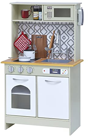 Teamson Kids Little Chef Boston Modern Farmhouse - Juego de Cocina de Madera con Funciones interactivas y 9 Accesorios de Cocina de Juego, Verde Claro/Blanco TD-12679D