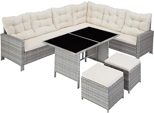 tectake Polyrattan Lounge Set, Gartenmöbel Set mit Sofa, Hocker + Tisch, Balkon Möbel Outdoor, 5-teilige Sitzgruppe, inkl. Sitz- & Rückenkissen, ideal für Garten, Terrasse, Balkon - hellgrau