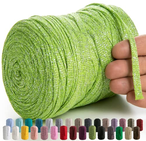 MeriWoolArt® Makramee Textilgarn zum Häkeln und Stricken - DIY glitzern flache T-Shirt Band Garn Dicke 10 mm, 125 m - Recyceltes Baumwollgarn mit Lurex, Viscose (Lurex Hellgrün)
