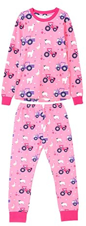 LightHouse Kids Long Pyjamas Set - Childrens Cotton Tractor Print Loungewear - Pink Purple Tractor Print - 5-6 Years