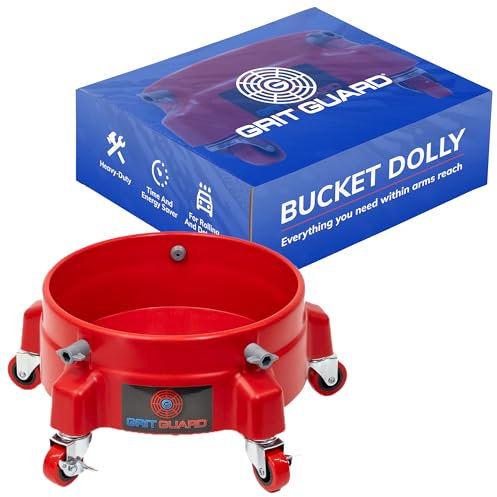 Grit Guard Bucket Dolly with Wheels - Rolling Detailing Wash Bucket with 5 Wheels and 2 Locking Casters Compatible with 2.5, 4, 5 and 6 Gallon Buckets (Red, 2 Red Casters)