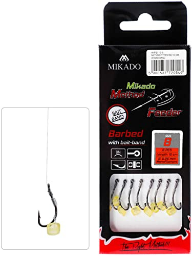 8 x Mikado Method Feeder 702 Haken Rig `s mit Pellet-/Bait Band Feederhaken (8 / Ø0,25mm / 10cm)