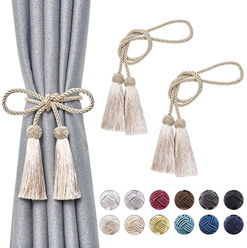 Pretty Jolly 2 Stück doppelte Quaste Vorhang Raffhalter handgemachte Seil Knoten drapieren Raffhalter Krawatte zurück Elegante dekorative Vorhanghalter für Haus & Büro Fenster Draperie (Dunkelbeige)