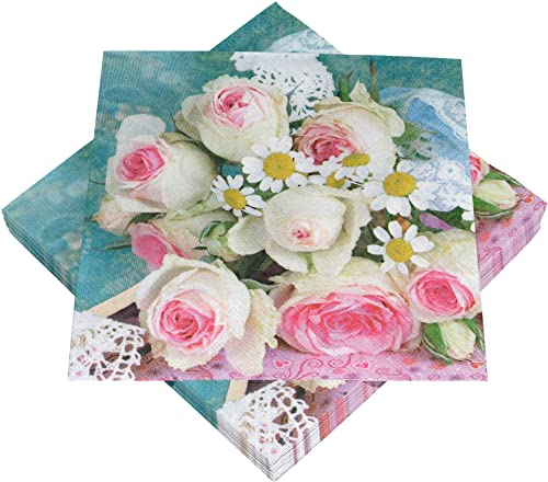 HEKU 100 Servietten, 3-lagig, 33x33cm, Rosenstrauß I Saugstark und praktisch verpackt I Ideal für besondere Anlässe