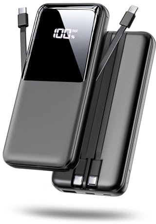 CFIAI Portable Charger Power Bank - 15000mAh Fast Charging Portable Phone Charger with Built in USB-C(22.5W) and iOS(20W) Output Cable, LED Display Battery Pack for iPhone Android, Dark Black