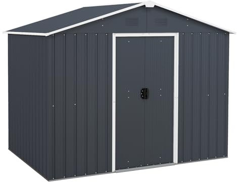TANGZON 7x4/7.7x5.6/8.5x7/9x6FT Metal Garden Shed, Galvanized Roof Tool Storage House with Double Sliding Doors, Floor Foundation, Ramp & Louvers, Outdoor Gardening Shed Box (8x6FT, Dark Grey)