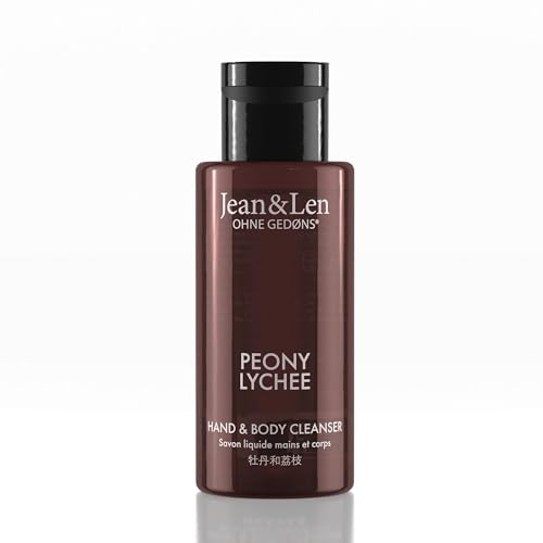 Jean & Len Mini Hand & Body Cleanser Peony & Lychee, pour un nettoyage parfumé, savon pour le corps et les mains, idéal pour les voyages, parfum floral romantique, Vegan, 50 ml