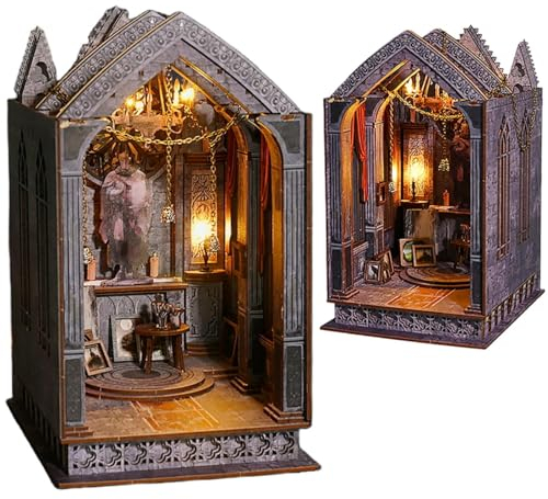 DIY BookNook Gebet in der Nacht, Dark Gothic DIY Montage Buchständer, hohles Dach-Design, Touch-Licht, langes Drücken zum Einstellen der Helligkeit