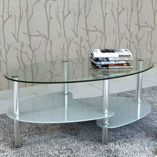 IKAYAA Mesa de Centro de Vidrio, Mesa de Cristal Ovalado con Revistero, Mesa Centro Café Ovalado de Vidrio para Salón, Comedor, Sala de Estar, 90 x 45 x 43 cm