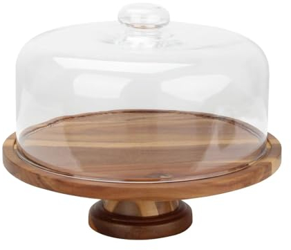 KVMORZE 26,7 cm großer Holz-Kuchenständer mit Glaskuppel, 2-in-1 multifunktionales Serviertablett aus Holz, Kuppeldeckel, Desserttisch, Display für Obstschale, Donut-Ständer, Partys, Hochzeiten,