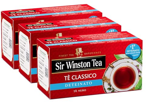 Sir Winston Tea, Tè Nero Deteinato Classico, 60 Filtri (3 Confezioni da 20 Filtri), Gusto Morbido e Aromatico, Senza Lattosio, Glutine e Allergeni, Vegan