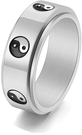 Edelstahl Männer Ringe, Herren Ringe Silber Yin Und Yang Drehbar Ringe für Herren Männer Größe 65 (20.7)