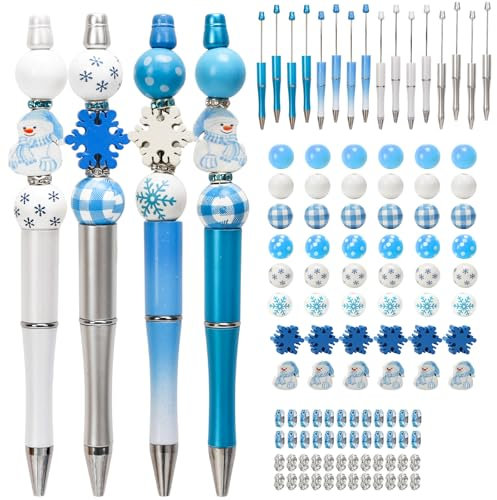 DKINY 16 Stück Weihnachten Bastelset Kinder, DIY Perlenstift Set mit Schneemann Schneeflocken Perlen, Kugelschreiber zum Basteln, Weihnachtliches Kreativset Geschenk für Junge Mädchen Studenten