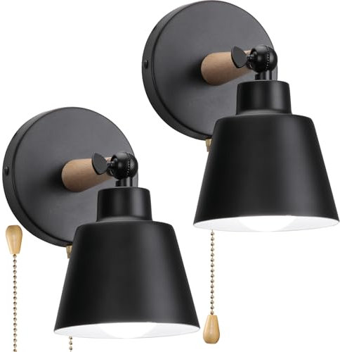 TOKTOP Applique Murale Intérieur avec Interrupteur, 2 Pack Vintage Lampe Murale E27 Bois Industrielle Luminaires Appliques pour Chambre Salon Couloir Noir