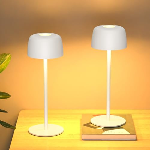 Kabellose Tischlampe Akku Dimmbar 3 Farbtemperaturen H25cm，Weiß：2 stk | Kompakte elegante Metall-Tischlampe, USB-C Aufladung, IP54 wasserdicht, geeignet für Nachttisch, Esstisch und Partys