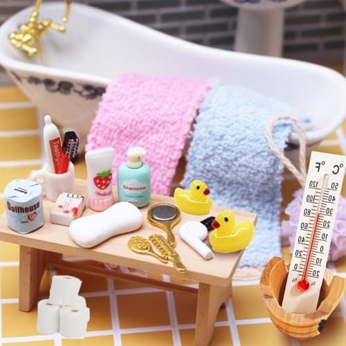 Wichtel Zubehör, 23Pcs Miniatur Wichtelzubehör Bade-Set für Wichtel Set und 1/12 Puppenhaus Zubehör, DIY Wichtel Badeset Badeutensilien mit Mini Zahnpasta Zahnbürste Badeschwamm Ente Klopapier Rollen