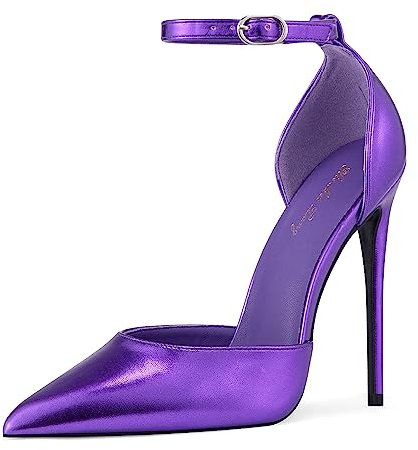 Zhabtuc Tacones Altos, Zapatos de Mujer D'Orsay con Correa en el Tobillo y Punta Puntiaguda, Zapatos de Boda para Fiesta, Metal Morado, 38,5 EU