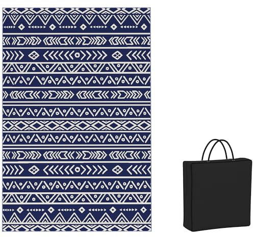 Outsunny Outdoor Teppich robuster Wetterfest Outdoorteppich, Carpet mit Boho-Style, Outdoor-Teppich für Wohnzimmer Balkon Garten Terrasse Bad Flur Küche, 182 x 274 cm Blau+Weiß