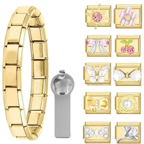 Dihope Italian Charm Bracelet Gold Italian Charms Set Edelstahl 9mm, DIY Abnehmbar Module für Italienische Armbänder, Italian Style Charms für Damen Herren Kinder Jungen Mädchen