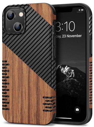 TENDLIN Compatible with iPhone 14 Case Wood Grain with Carbon Fiber Texture Design Leather Hybrid Slim Case (Twill)