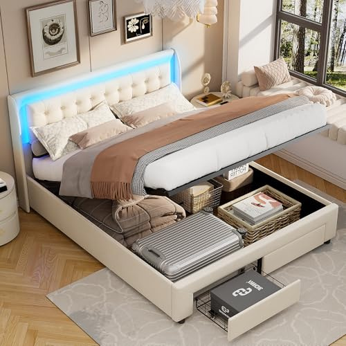 JYNVO Bett 180x200 cm mit Stauraum und LED-Beleuchtung, Doppelbett mit Schublade, Hydraulisches Stauraumbett, Polsterbett, Lattenrost, Jugendbett, Beige Samt