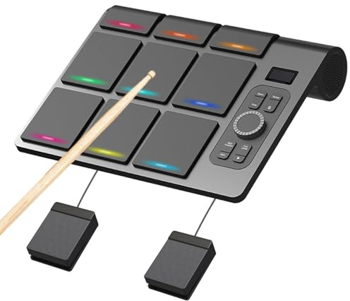 Batterie Électronique, Batterie Enfant Portable avec Haut-Parleur Stéréo Intégr Batterie Instrument de Musique en Silicone à 9 Pads Batterie Electronique Adulte avec Baguettes et Pédales