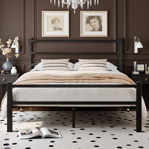 GalnFu 5Ft Metal Double Bed Frame With Stylish Headboard And Footboard,Bed Frame Double Bed,Easy Assembly, Ample Under-bed Storage Space,Black