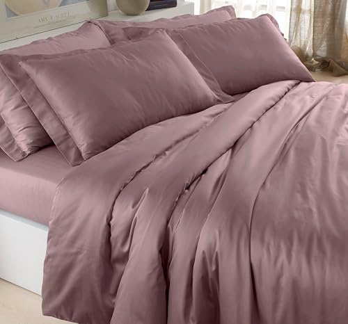 Mahome Parure Copripiumino Matrimoniale Raso di Cotone 100% 300 fili (TC) – Sacco 250x200+40 cm, 2 federe con volant – Made in Italy (Rosa Antico)